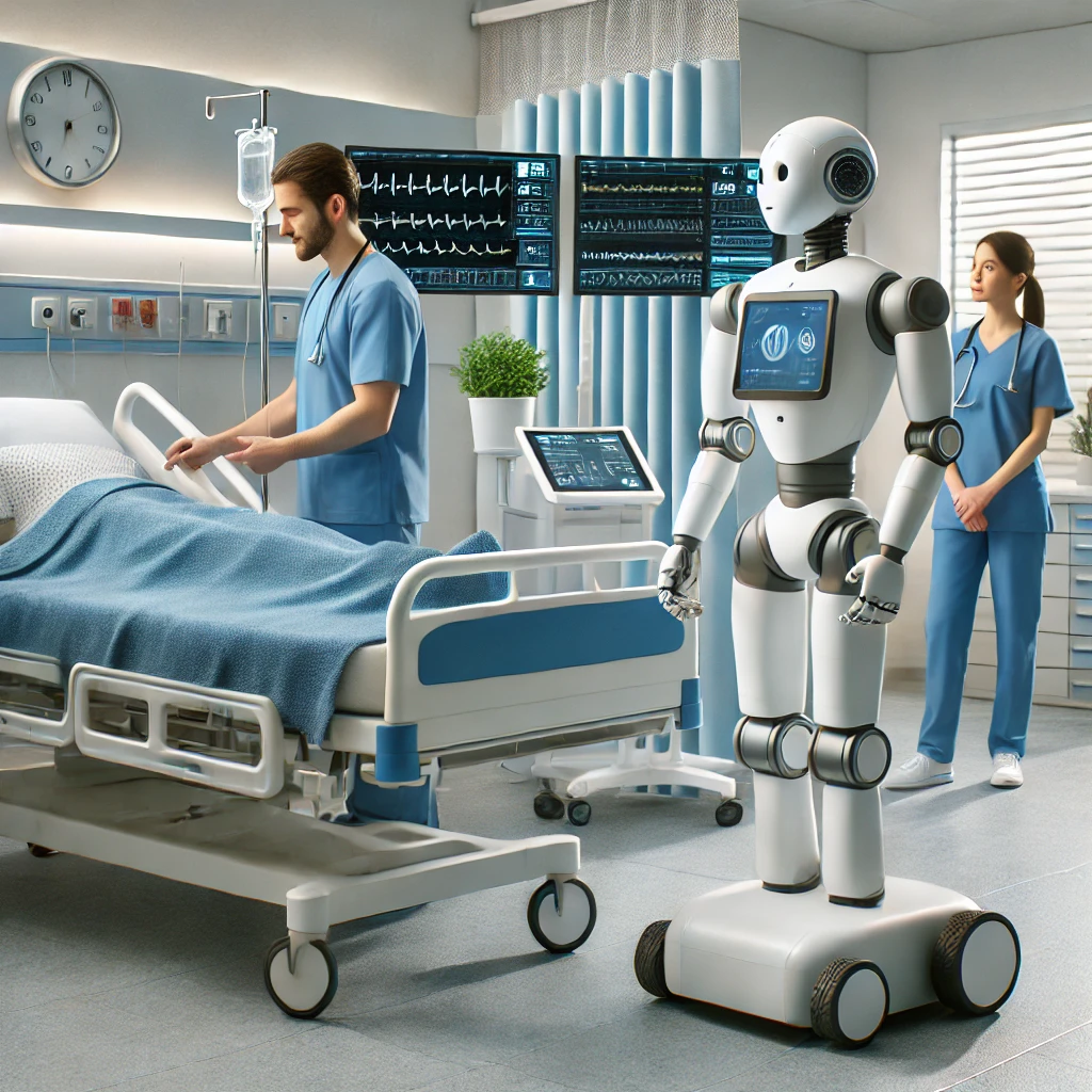 Medical robot assisting in a hospital room alongside medical staff, highlighting precision and reliability in healthcare robotics power solutions.