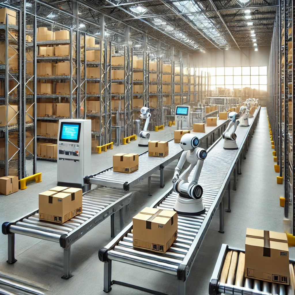 Warehouse scene with robots organizing packages on conveyor belts, demonstrating efficient robotics power solutions for the logistics industry.