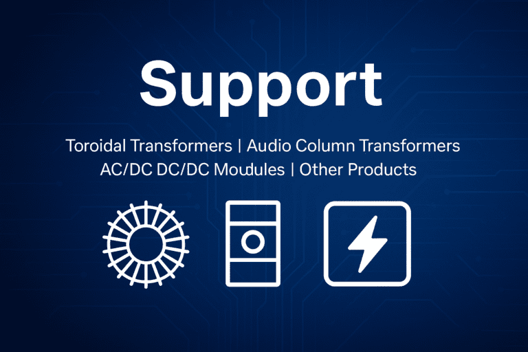 Support page for electronic transformers and power modules with a high-tech blue background.