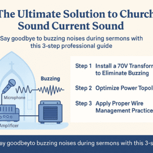 Diagram showing how to eliminate buzzing sound in church audio systems using a 70V isolation transformer and optimized wiring