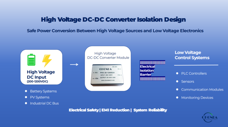 High voltage DC-DC converter isolation design showing electrical isolation between high voltage input and low voltage control systems