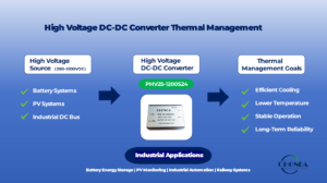High voltage DC-DC converter thermal management diagram showing PHV25-1200S24 for industrial applications