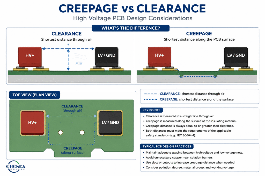 Creepage and clearance distances in high voltage PCB design